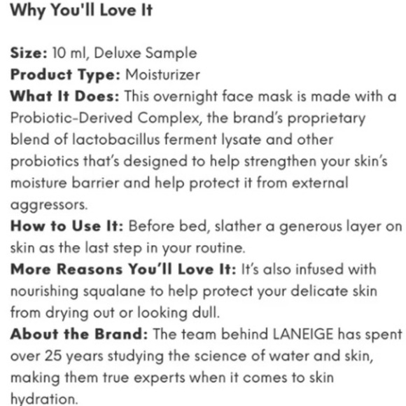 LANEIGE WATER SLEEPING MASK  10 ml/0.3 oz - NEW in box - Picture 2 of 2